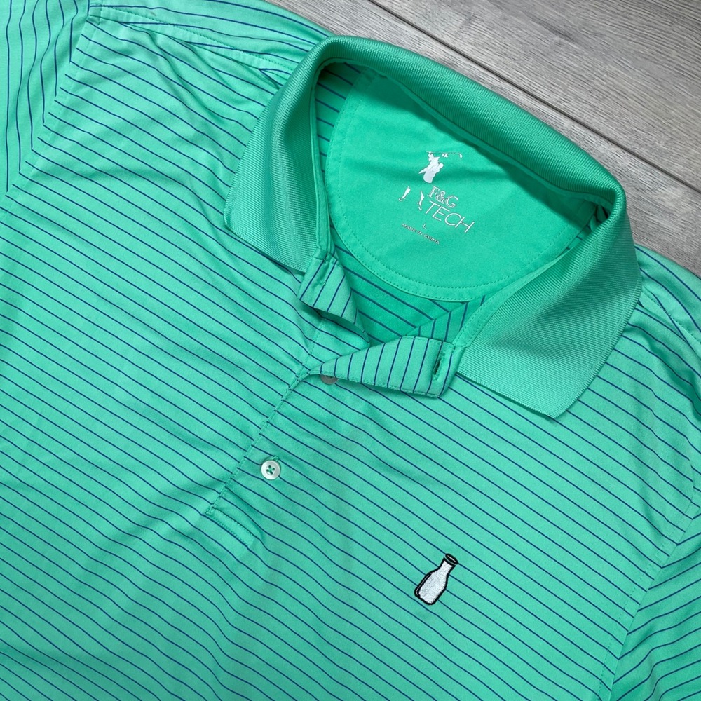 F&G Tech McArthur Golf Club Polo Shirt Men L Green Striped Milk Bottle Logo
